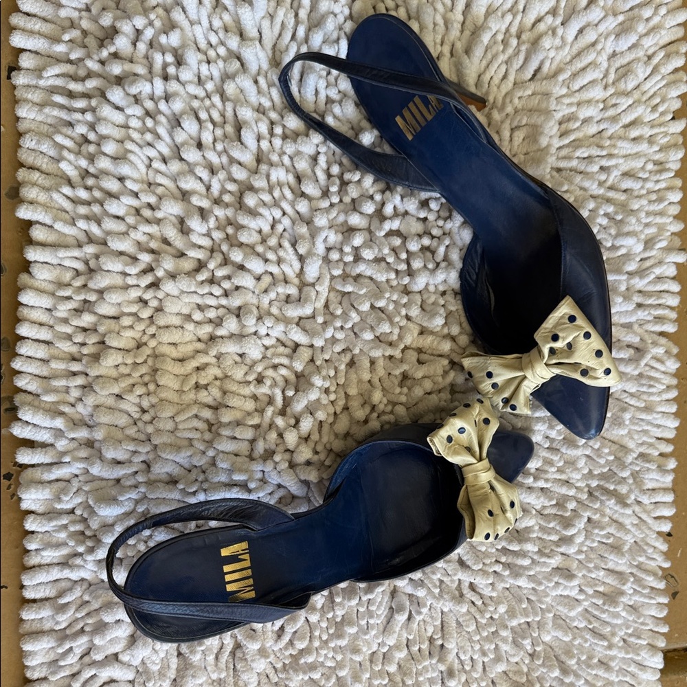 Mila Paoli Navy Heels with Cream Polka Dot Bow